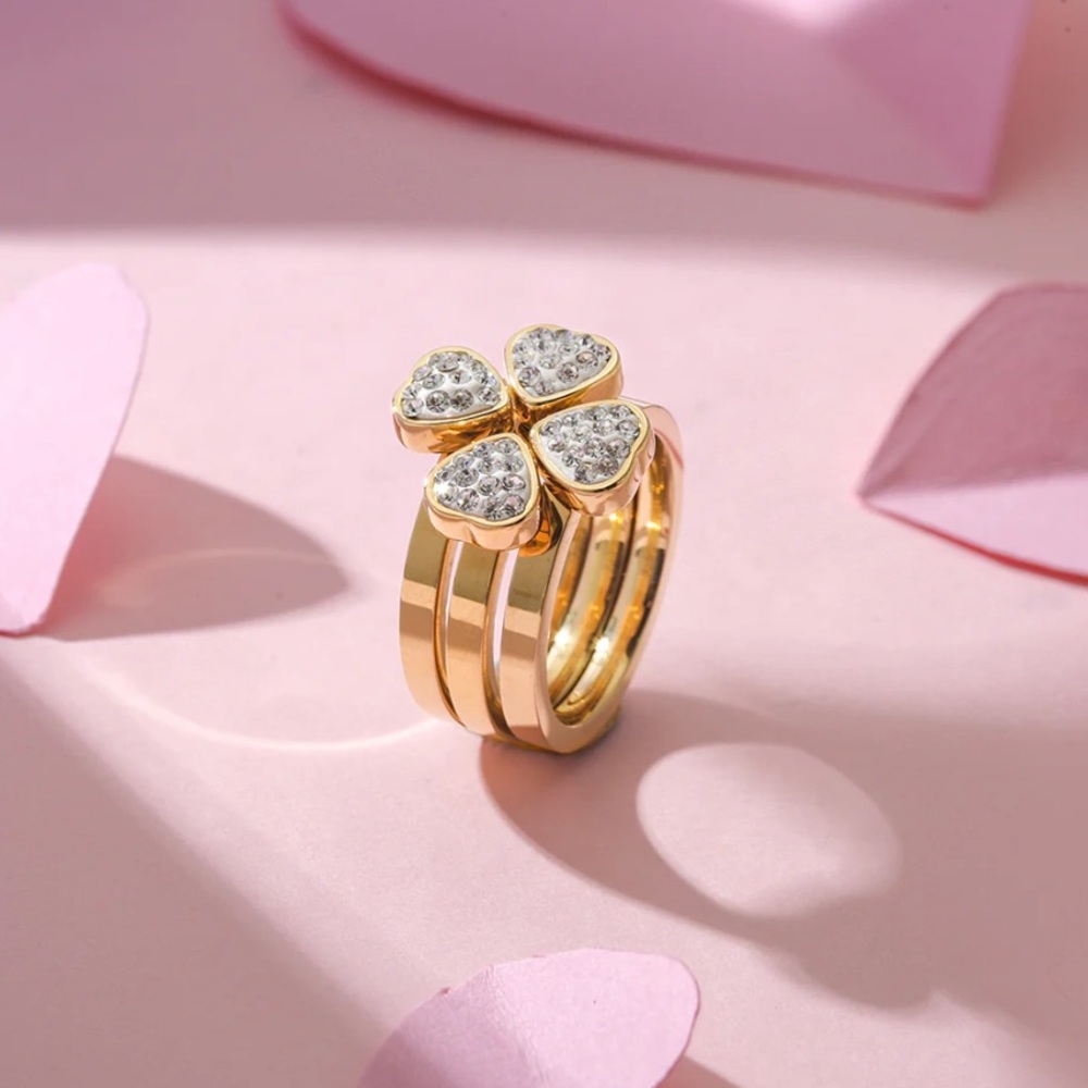 🆕3-STACK GOLD CLOVER CUBIC-ZIRCONIA STAINLESS-STEEL STACKABLE RINGS SIZE 6 NIB